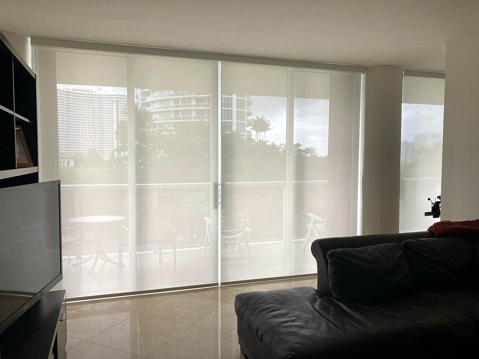 Screen shades softening the light in a condo living room